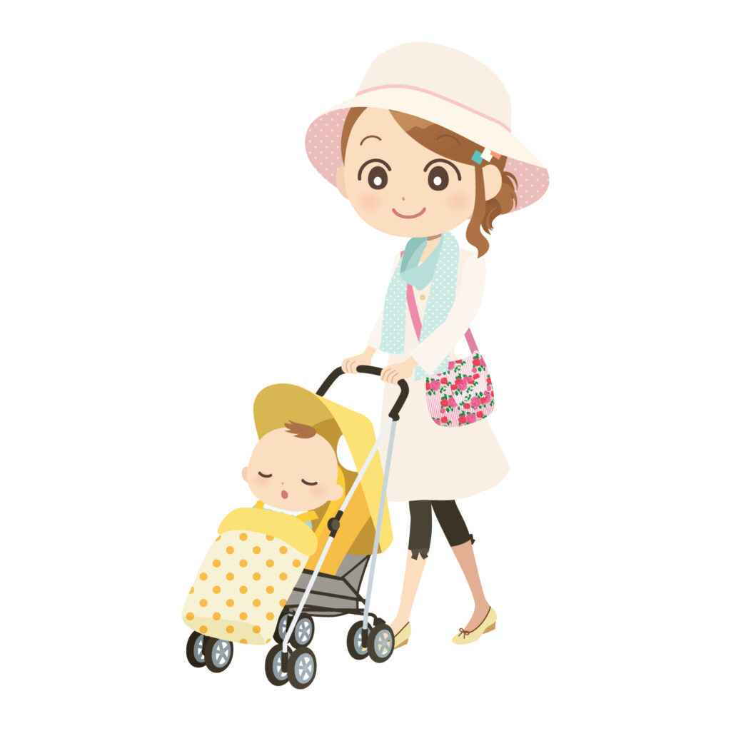 <img src="image.jpg" alt="ベビーカーで赤ちゃんとママがお散歩するイラストの写真">