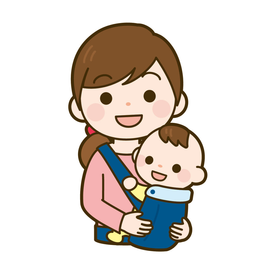 <img src="image.jpg" alt="ママと赤ちゃんが抱っこ紐を利用しているイラストの写真">