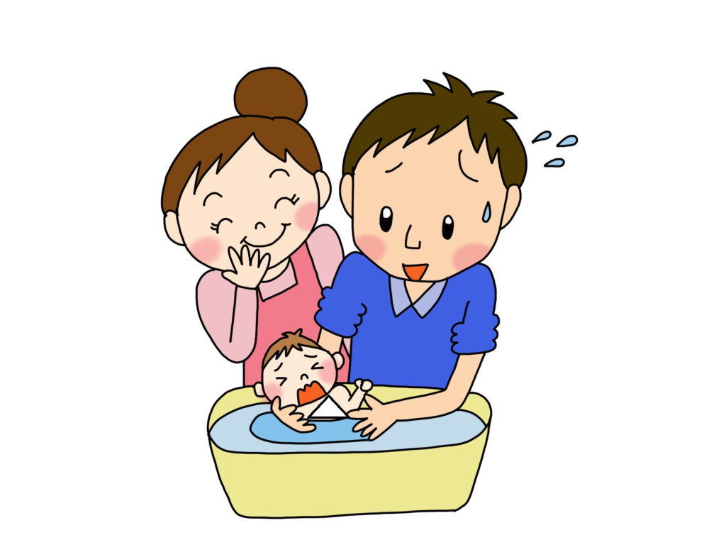 <img src="image.jpg" alt="初めての赤ちゃんとパパのお風呂のイラスト写真">